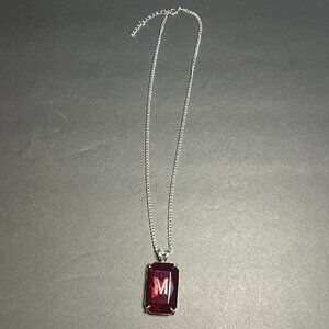 Red Rhinestone Initial Letter M Rectangle Solitaire Pendant Silver Tone Necklace